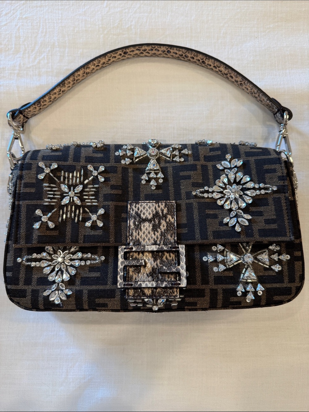 Special edition one of a kind Fendi baguette crystal embellishment snake skin